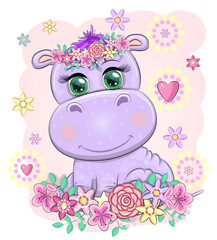 Cute hippo cartoon with beautiful eyes among flowers, hearts. print t-shirts, baby clothes fashion design, baby shower invitation card.