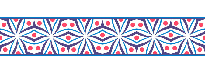 Border line seamless background. Decorative design seamless ornamental mosaic border pattern. Islamic, indian, arabic motifs. Abstract flower. Vector illustration