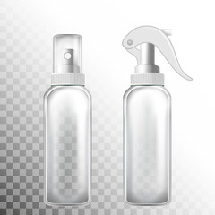 Transparent bottle set with atomizer on white and transporent background. Mock up bottle cosmetic or medical vial, flask, flacon 3d illustration for your design