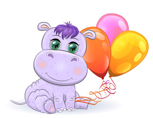 Cute cartoon hippo with beautiful eyes with balloons, a boy and a girl. greeting card, baby shower invitation card.