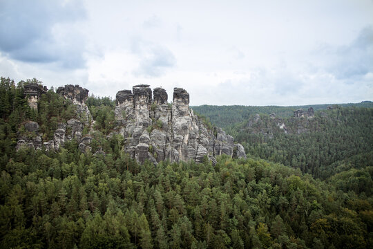 ferdinandstone rock-formation, in saxon switzerland, elbe sandstone highlands, germany, view from bastei-bridge