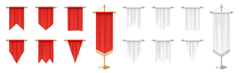 Pennant flag big set. Red and white empty vertical pennants template mockup