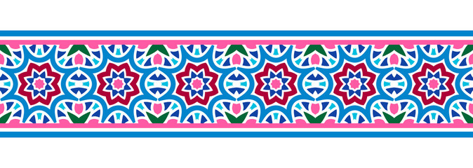 Border line seamless background. Decorative design seamless ornamental mosaic border pattern. Islamic, indian, arabic motifs. Abstract flower. Vector illustration