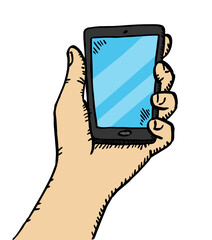 Hand drawn doodle vector illustration of hand holding smartphone. Colorful sketch style vector.