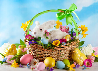 Easter composition with bunny in basket, spring flowers and colorful Easter eggs .