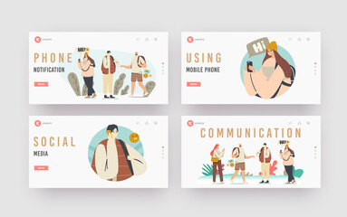 Characters Phone Communication Landing Page Template Set. Men and Women Hold Cellphones or Smartphones, Social Media