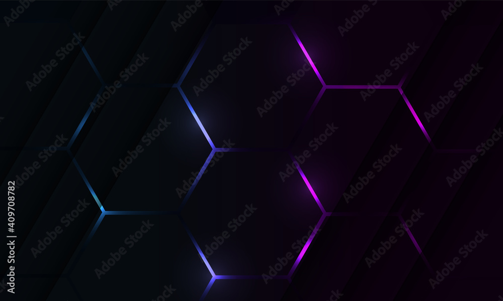 Poster dark hexagon gaming abstract vector background with blue and pink colored bright flashes.