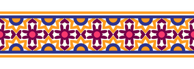 Border line seamless background. Decorative design seamless ornamental mosaic border pattern. Islamic, indian, arabic motifs. Abstract flower. Vector illustration