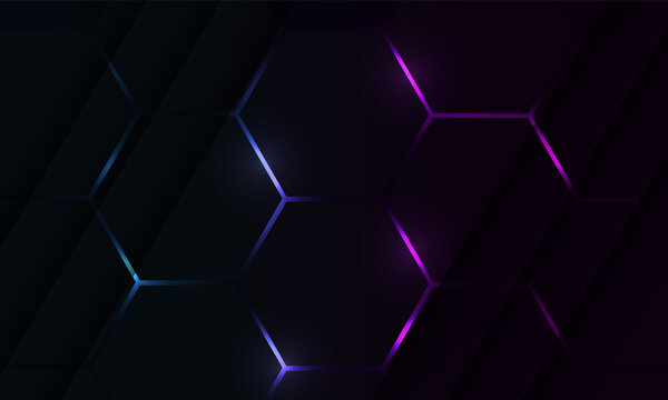 Dark hexagon gaming abstract vector background with blue and pink colored bright flashes.