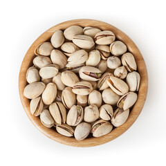 Salted pistachios in wooden bowl isolated on white background with clipping path