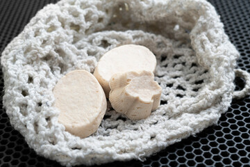 handmade organic hygiene foam soap piece, healthy skin concept top view