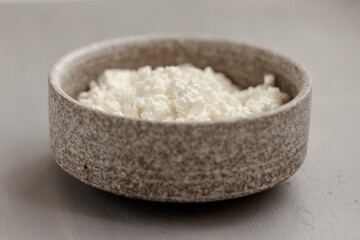 Homemade cottage cheese in beautiful ceramic bowl on grey background. Side view, isolated, copy space