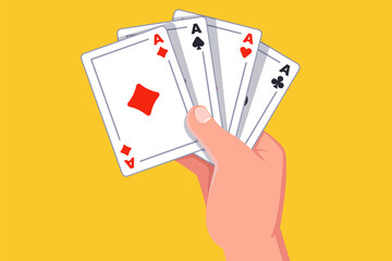 hand holds four aces. winning the card game. flat vector illustration.