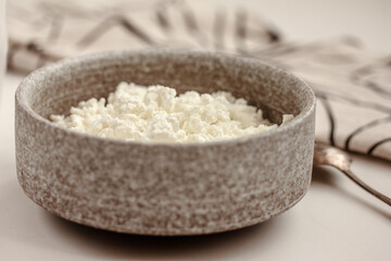 Organic farm cottage cheese in grey ceramic bowl,  , table-napkin and a spoon on grey background.  Bio/organic/natural ingredient. Healthy eating. Selective focus,  copy space