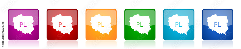 Poster Map of Poland icon set, square glossy vector buttons in 6 colors options for webdesign and mobile applications