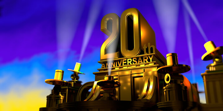 20th anniversary in thick letters on a golden building illuminated by 6 floodlights with white light on a blue sky at sunset. 3D Illustration