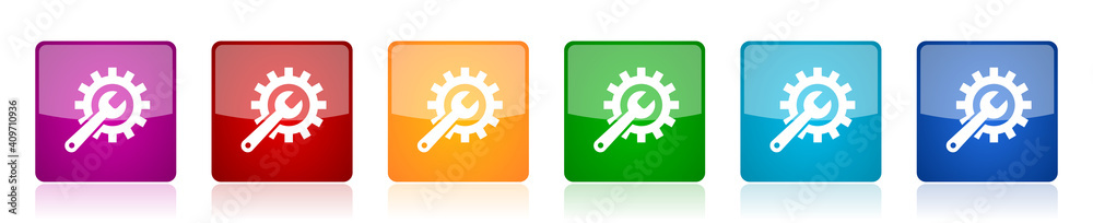 Aufkleber repair, industry, service concept icon set, square glossy vector buttons in 6 colors options for web