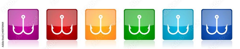 Fototapete fishing hook icon set, square glossy vector buttons in 6 colors options for webdesign and mobile app