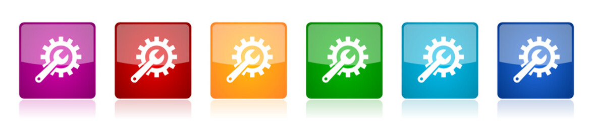 Repair, industry, service concept icon set, square glossy vector buttons in 6 colors options for webdesign and mobile applications