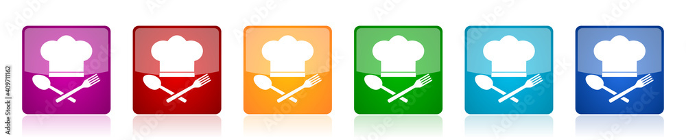 Fototapete chef hat, restaurant menu concept icon set, square glossy vector buttons in 6 colors options for web