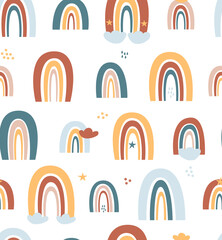 Seamless Pattern Pastel colors childish Rainbow with cute clouds, raindrops, stars. Illustration isolated on beige background for fabric, design, baby textile, print, wallpaper, posters.