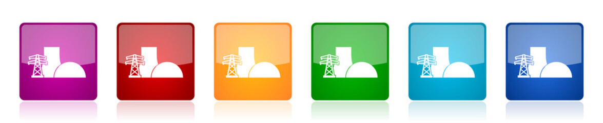 Nuclear power plant icon set, square glossy vector buttons in 6 colors options for webdesign and mobile applications