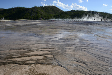 Close-up view of the bacterial mat and rising steam at the Grand Prismatic Spring at Yellowstone National Park