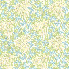 Tropical palm leaves, jungle flowers, butterfly. Seamless, vector floral pattern background vector beach tropical flowers and leaves. Modern exotic designs for paper, cover, fabric, interior, etc.