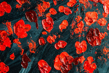 Abstract creative background: streaks and strokes of bright oil paint on linen canvas before tone priming