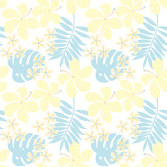 Vector pastel illustration with abstract flora.Tropical flowers and leaves. Abstract versatile art pattern. For fabric, wrapping paper, notepad, notebook, flyer, cover, banner, textile, etc.