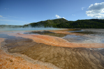 Close-up view of the bacterial mat and rising steam at the Grand Prismatic Spring at Yellowstone National Park