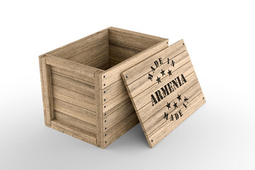 Large wooden crate with Made in Armenia text on white background. 3D rendering