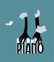 Creative, typographic jazz piano music poster, hands playing piano illustration