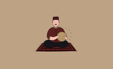 Single Mugham player man character sitting on the carpet playing on Tambourine ( qaval)
