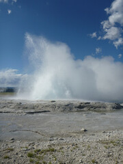 A small geyser at Yellowstone National Park erupting on a sunny day