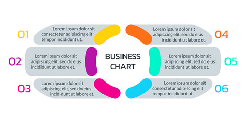 Circle infograph chart or diagram with 6 steps or elements. Business process layout for modern presentation. Timeline info graphic concept. Vector illustration.
