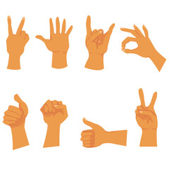 Hand gestures flat icons set. hand gestures: ok, good, class, rock, hello, win. hand sign. hand, fist, fingers. vector flat. isolated