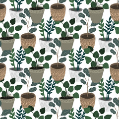 Colorful hand drawn seamless pattern with flower pots. Doodle plants.