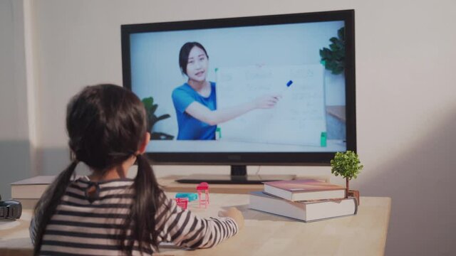 Asian girl student video conference e-learning with female teacher on computer in living room at home. New normal for Online remote distance learning during lockdown
