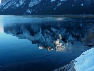 Perfect reflection on Lake Minnewanka  at Banff National Park Alberta Canada   OLYMPUS DIGITAL CAMERA