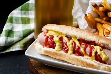 Hot dog with fries and beer
