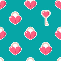 Keys, locks and hearts vector turquoise seamless pattern. Happy Valentine's day pink background.
