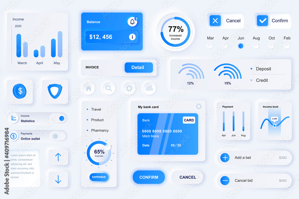 Leinwandbilder User interface elements for finance mobile app. Unique neumorphic design UI, UX, GUI, KIT elements template. Neumorphism style. Different form, components, button, menu, finance vector icons.