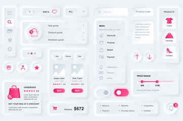 User interface elements for shopping mobile app. Unique neumorphic design UI, UX, GUI, KIT elements template. Neumorphism style. Different form, components, button, menu, shopping vector icons. - obrazy, fototapety, plakaty