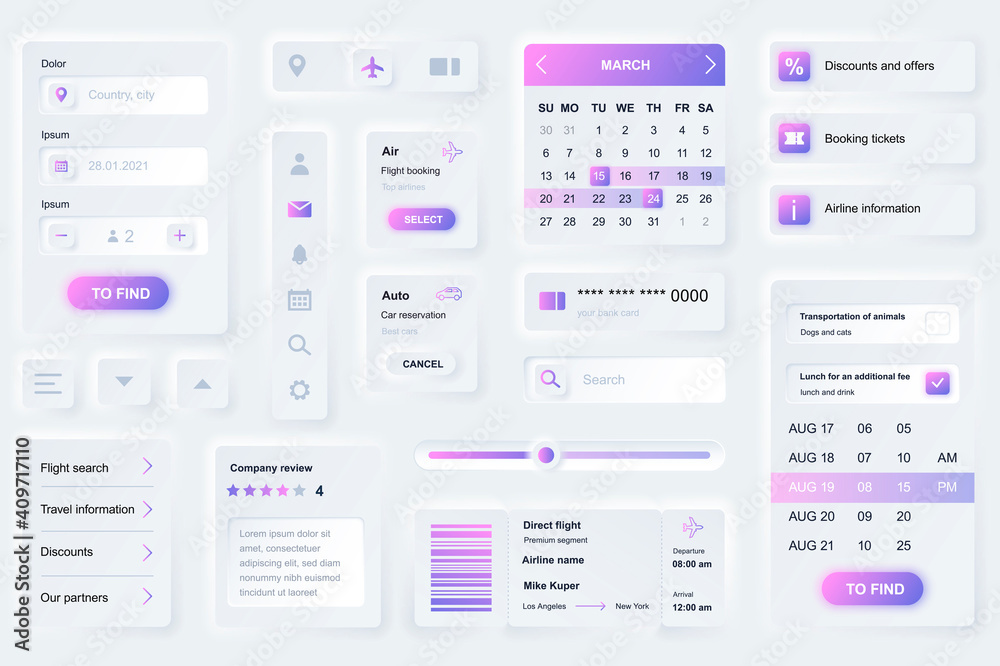 Aufkleber User interface elements for booking travel mobile app. Unique neumorphic design UI, UX, GUI, KIT elements template. Neumorphism style. Different form, components, button, menu, booking vector icons.