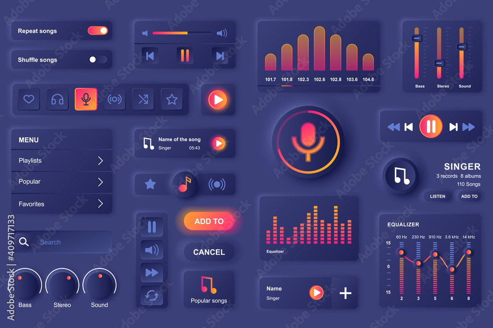 Canvas Prints user interface elements for music mobile app. unique neumorphic design ui, ux, gui, kit elements tem