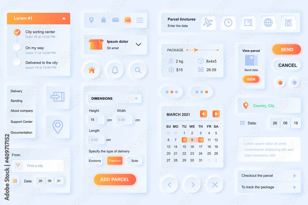 Fototapete User interface elements for delivery mobile app. Unique neumorphic design UI, UX, GUI, KIT elements template. Neumorphism style. Different form, components, button, menu, logistic vector icons.
