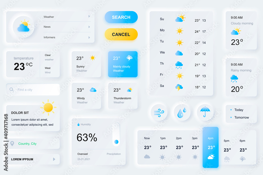 Fototapete user interface elements for weather forecast mobile app. unique neumorphic design ui, ux, gui, kit e