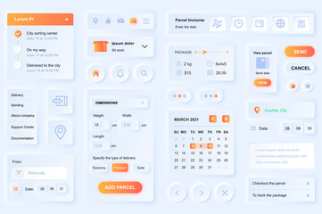 User interface elements for delivery mobile app. Unique neumorphic design UI, UX, GUI, KIT elements template. Neumorphism style. Different form, components, button, menu, logistic vector icons.