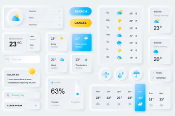 User interface elements for weather forecast mobile app. Unique neumorphic design UI, UX, GUI, KIT elements template. Neumorphism style. Different form, components, button, menu, weather vector icons. - obrazy, fototapety, plakaty